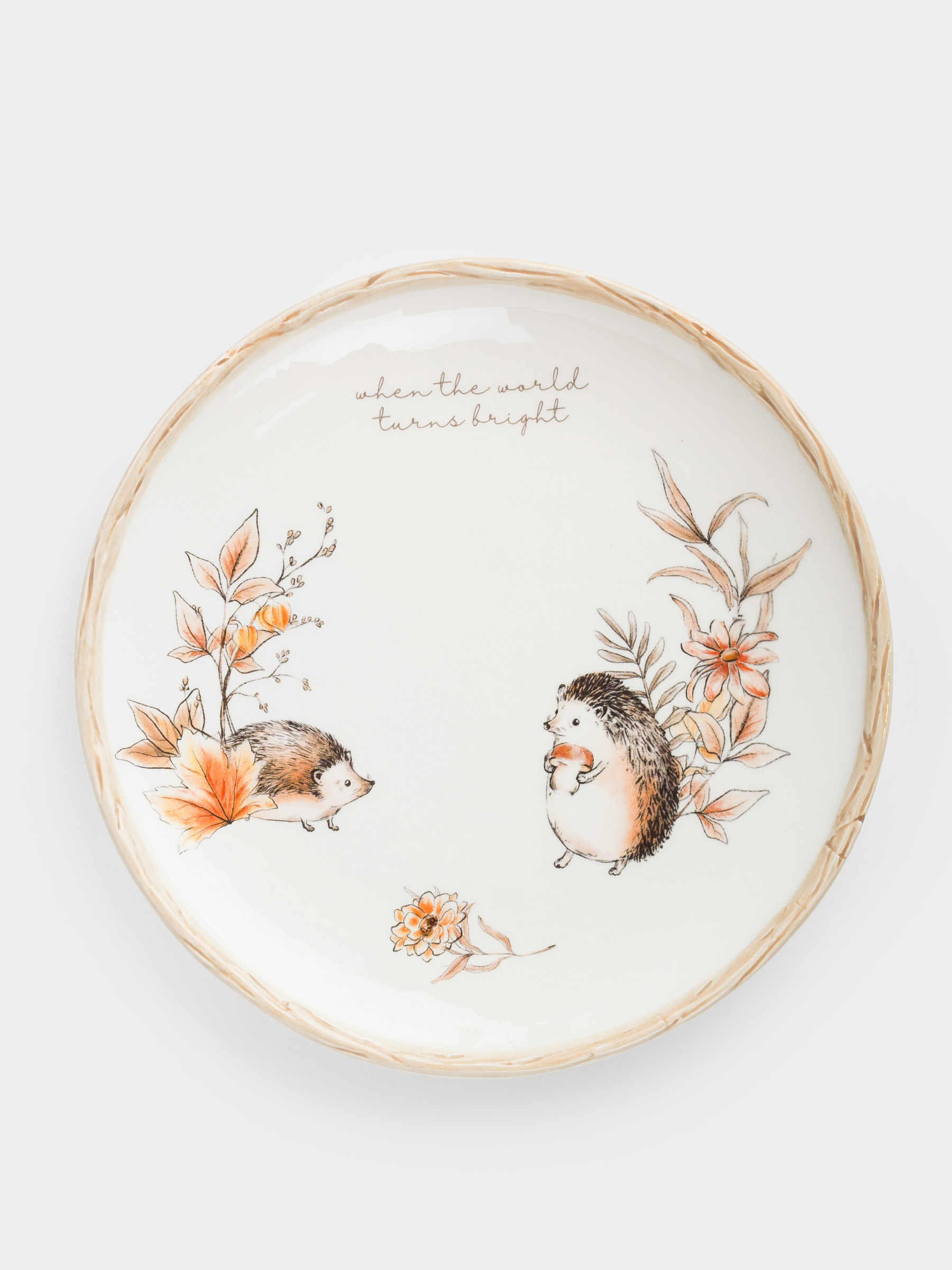 Тарелка закусочная, 22 см, керамика, молочная, Ежи и листья, Forest hedgehogs, image-0