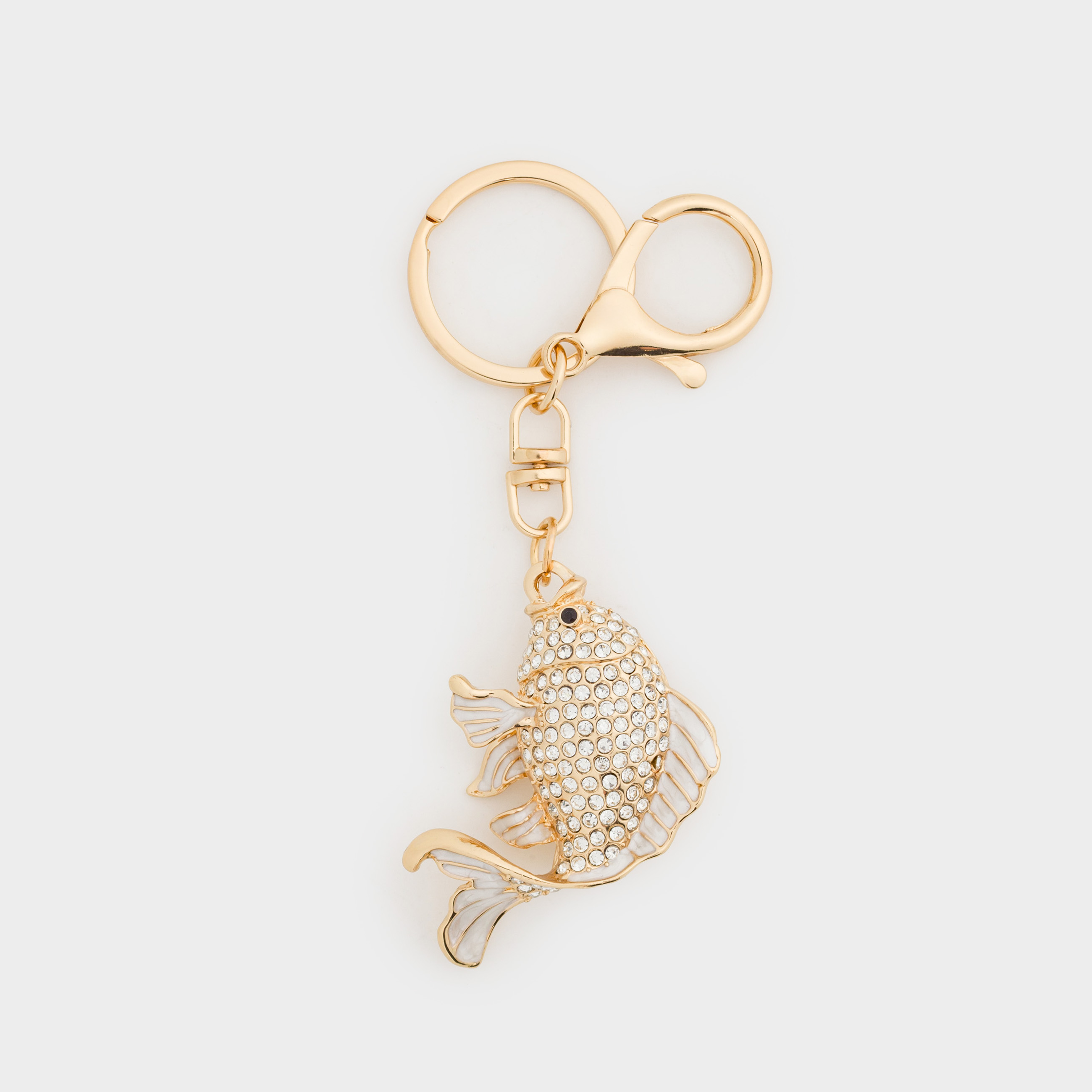 Салпыншақ, 12 см, металл/страздар, алтын, Балық, Keychain crystal