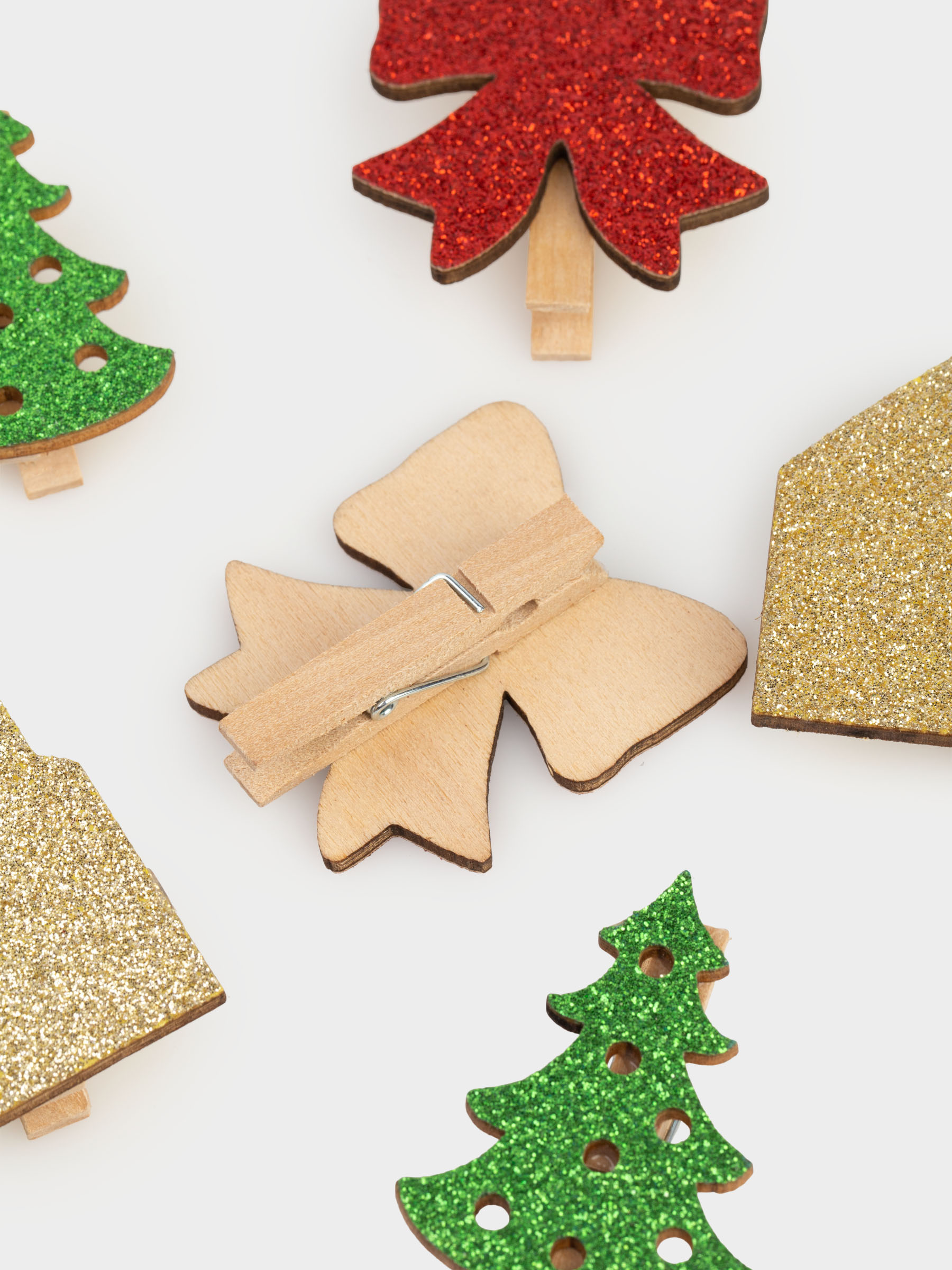 Клипса декоративная, 5 см, 6 шт, дерево, с блестками, Праздничные атрибуты, Figure wood, image-2
