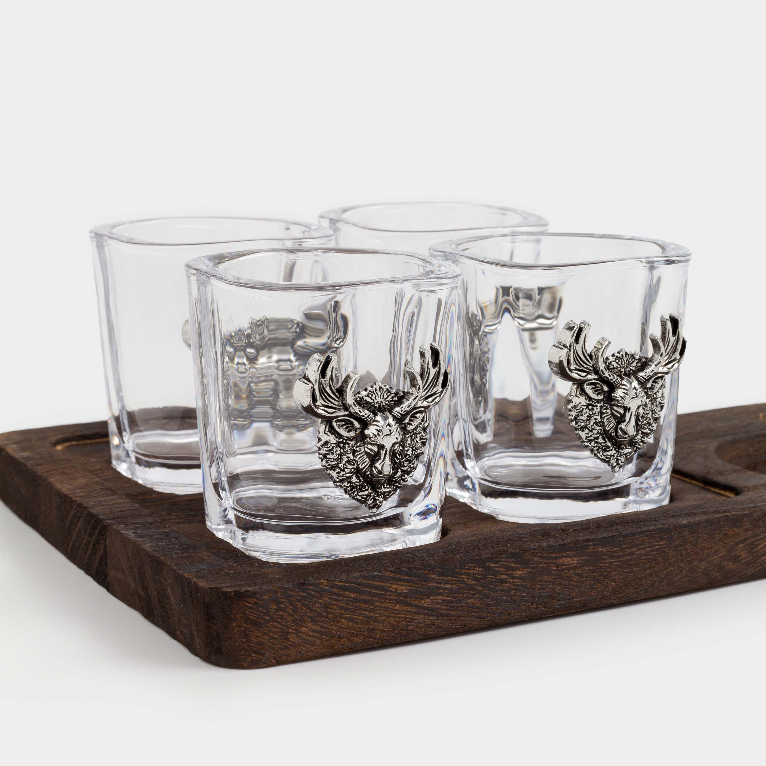 Стопка для водки, 60 мл, 4 шт, на подставке, стекло/металл/дерево, Лось, Lux elements decor, image-6