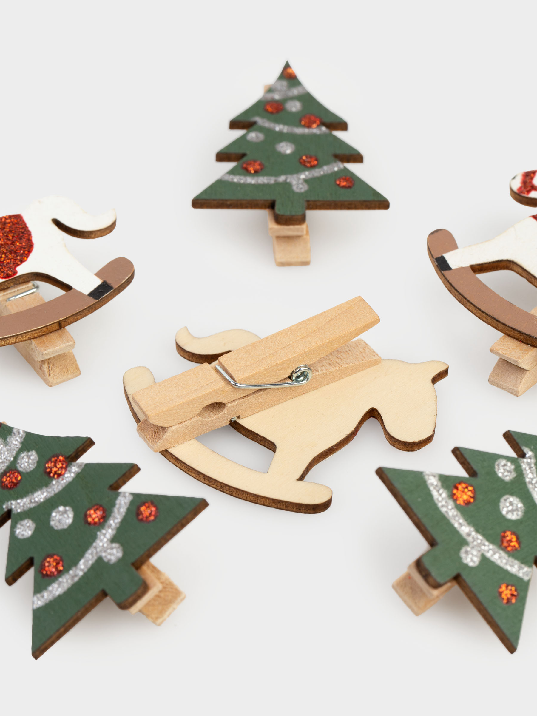 Клипса декоративная, 5 см, 6 шт, дерево, с блестками, белая/зеленая, Лошадь/Елка, Figure wood, image-2