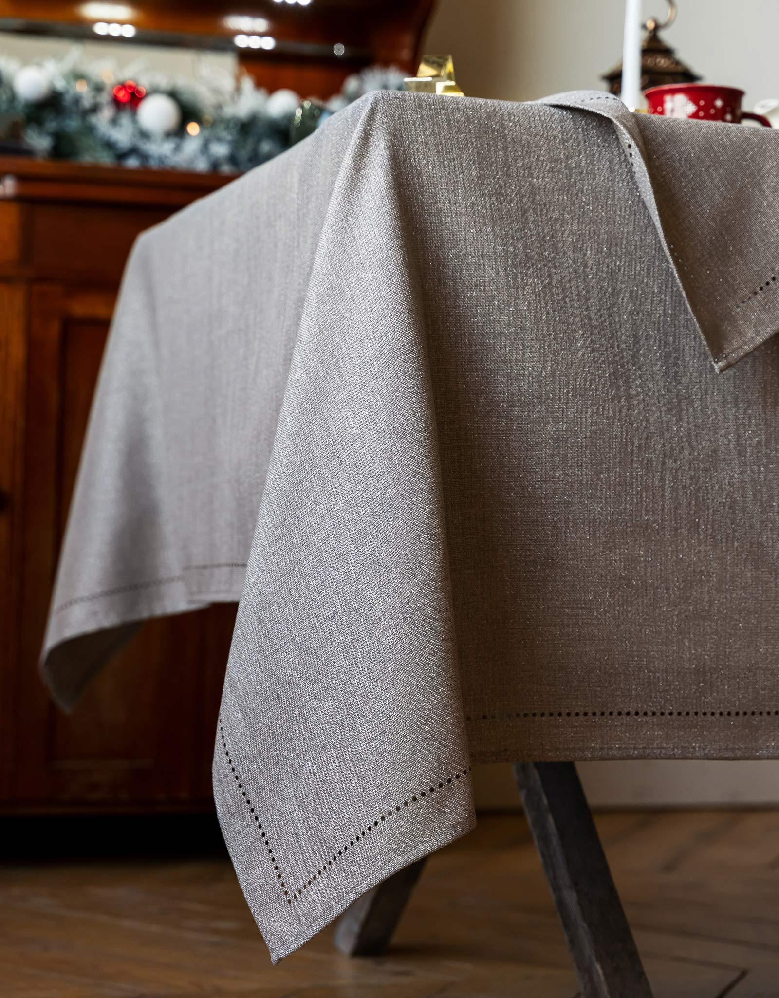 Скатерть, 170х250 см, полиэстер, серо-бежевая, Hemstitch, image-4