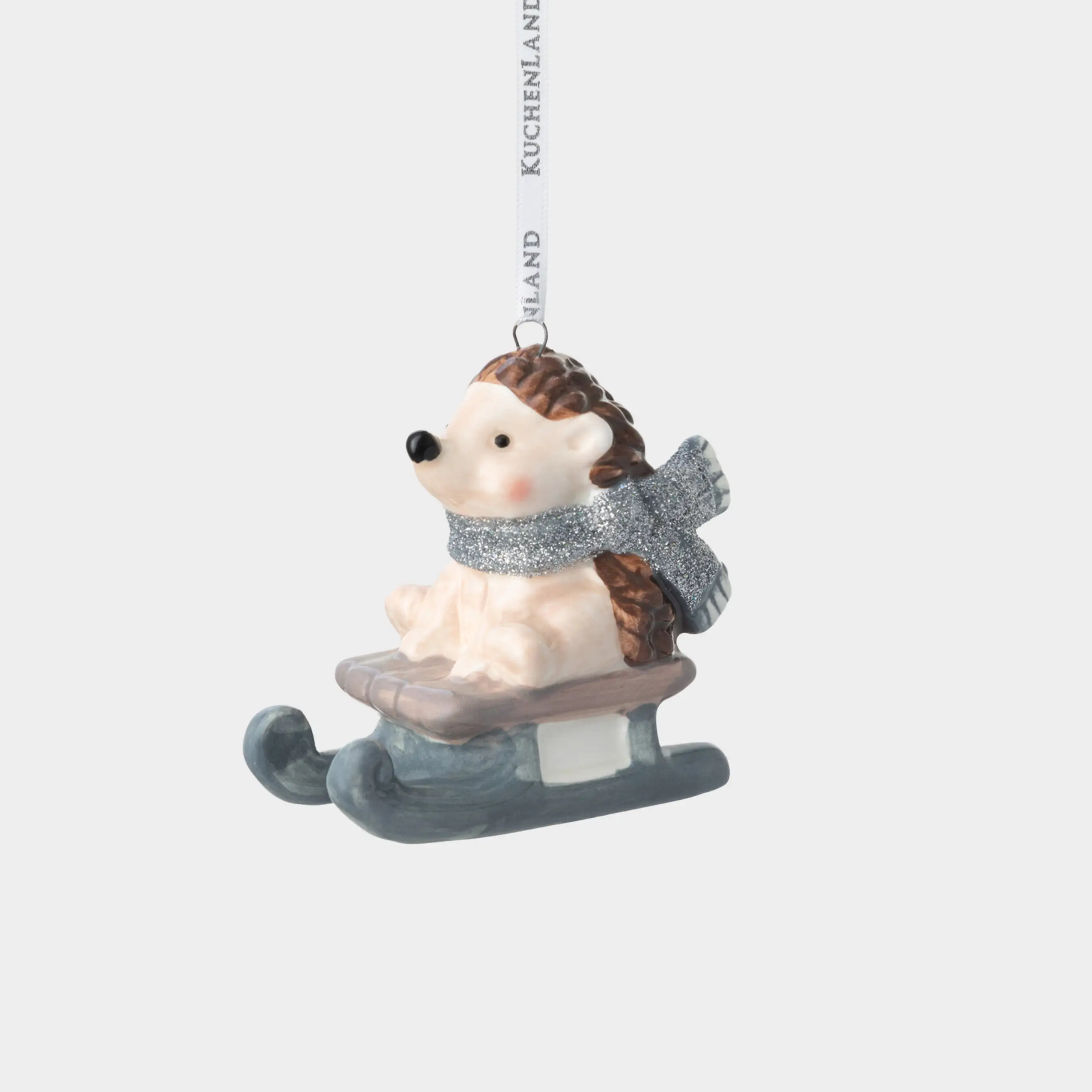 Игрушка елочная, 8 см, фарфор P, серо-коричневая, Ежик на санках, Figure christmas