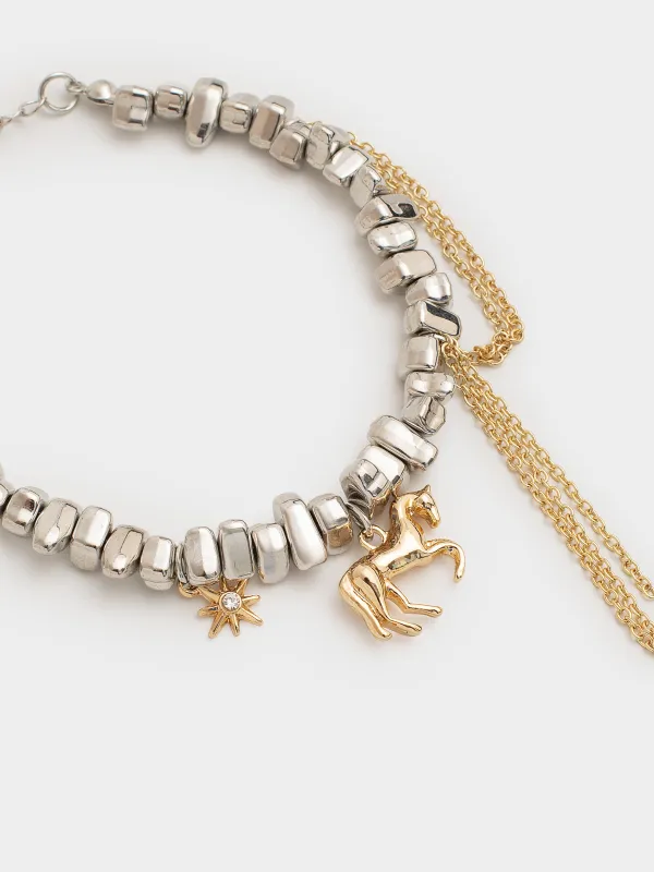 Білезік, 16 см, аспалары бар, металл, күміс-алтын, Жылқы, Jewelry horse, image-2