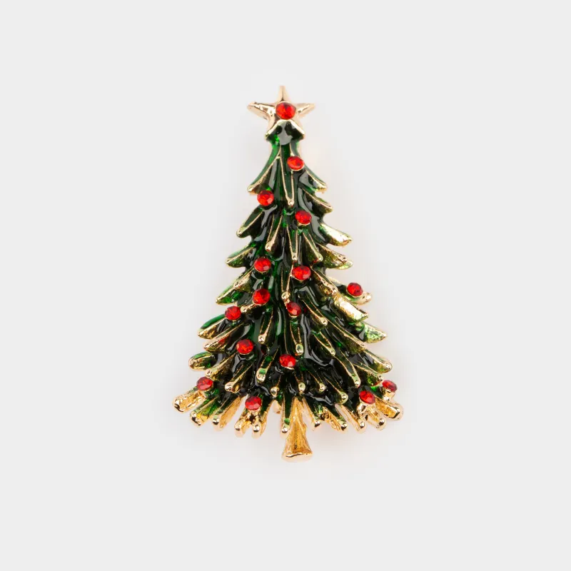 Брошь, 4 см, металл/стразы, зеленая, Елка, Jewelry christmas