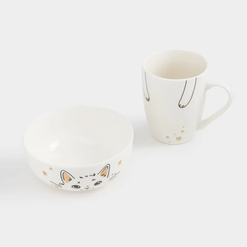 Балаларға арналған ыдыс-аяқ жинағы, 1 адам, 2 зат, ақ және алтын, Дизайн, Cat, image-2