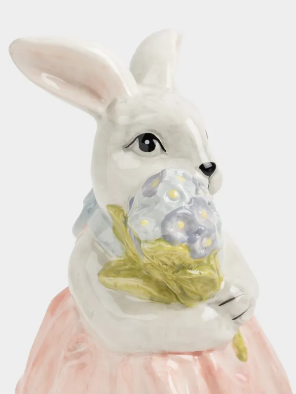 Мүсінше, 21 см, керамика, сұр, Көйлек киген және Гүлдері бар қоян, Easter, image-1