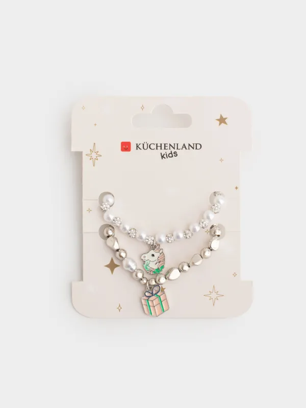 Набор браслетов, 16 см, 2 шт, детский, металл/пластик, серебристый, Бусины, Pearl, image-4