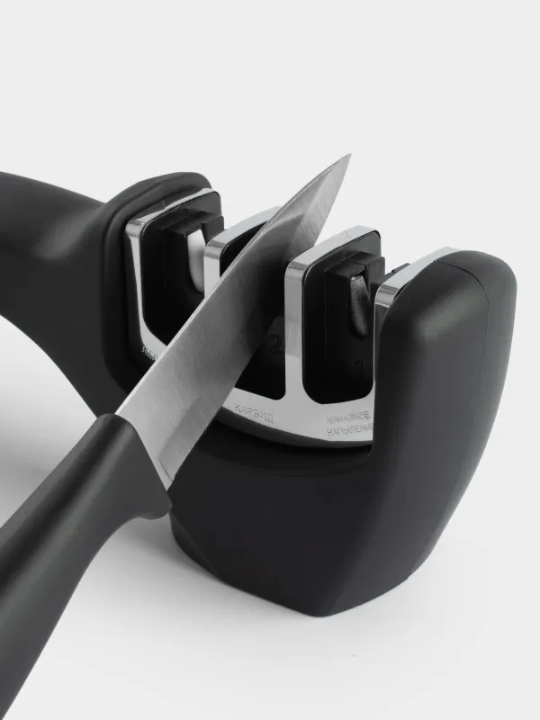 Пышақ қайрау, 20 см, қайраудың үш кезеңі, пластик/болат, қара, аксессуарлар, image-2