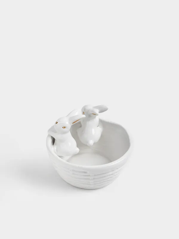 Кәмпит ыдысы, 14х12 см, 410 мл, керамика, сүт және алтын түстес, Себеттегі қояндар, Rabbit gold, image-3