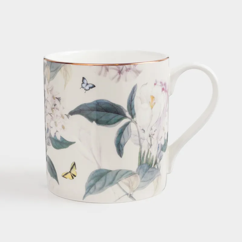Кружка, 380 мл, фарфор F, бежевая, с золотистым кантом, Цветы и бабочка, Bloome, image-0