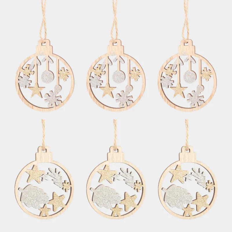 Шырша ойыншықтарының жиынтығы, 8 см, 6 дана, ағаш, Жаңа жылдық атрибуттар, Figure wood