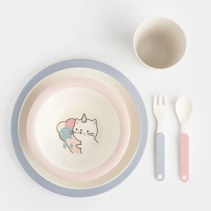 Ыдыс-аяқ жинағы, балаларға арналған, 5 зат, бамбук, қызғылт, Қанаттары бар бір мүйізді, Unicorn, image-1