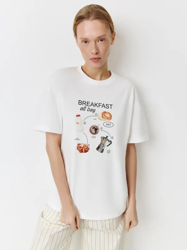 Футболка женская, р. L, хлопок, молочная, Breakfast all day, Limva, image-0