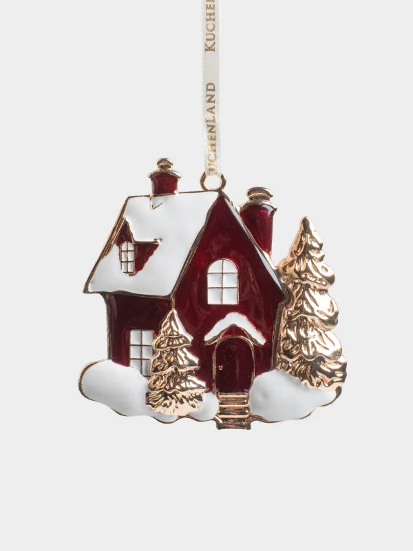 Игрушка елочная, 8 см, металл, золотисто-красная, Заснеженный дом, Figure christmas, image-0