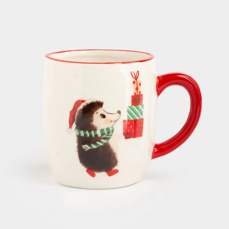 Саптыаяқ, 400 мл, керамика, ақ, Сыйлықтары бар кірпі, Hedgehog christmas