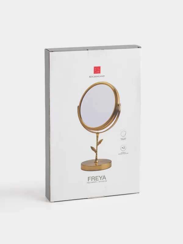 Үстел айнасы, 30x18/15 см, екі жақты, аяқты, металл, дөңгелек, алтын, Freya, image-4