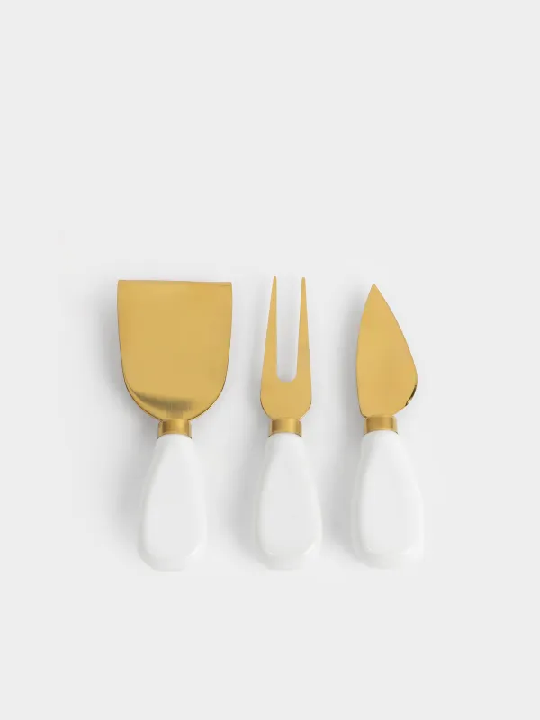 Ірімшікке арналған жиынтық, 5 зат, тұғырдағы ыдыс, болат/мәрмәр/ағаш, алтын түстес, Cheese gold, image-3