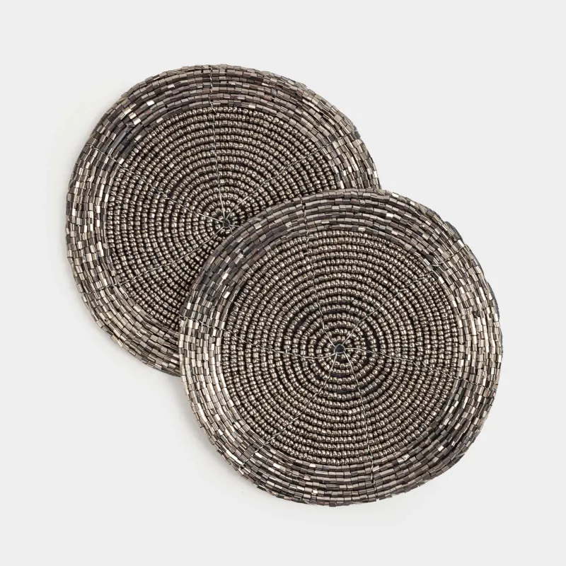 Подставка под кружку, 10 см, 2 шт, бисер, круглая, темно-серая, Shiny beads, image-0