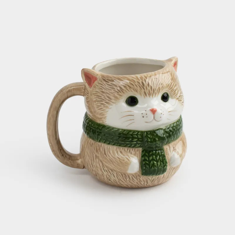 Кружка, 450 мл, керамика, молочно-коричневая, Кот в шарфе, Cat