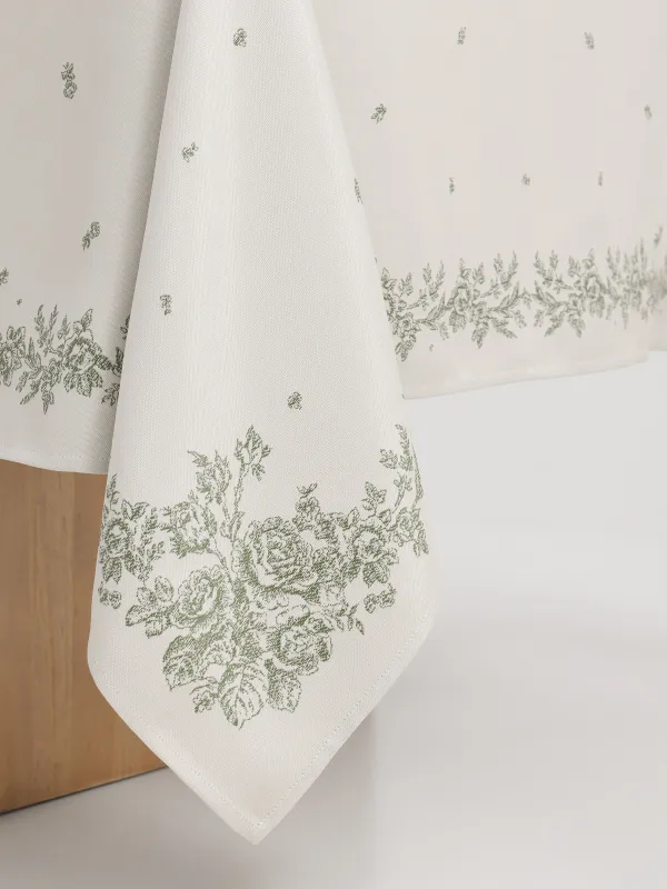 Скатерть, 170х250 см, жаккард, полиэстер, молочная, Зеленые цветы, Green flowers, image-5
