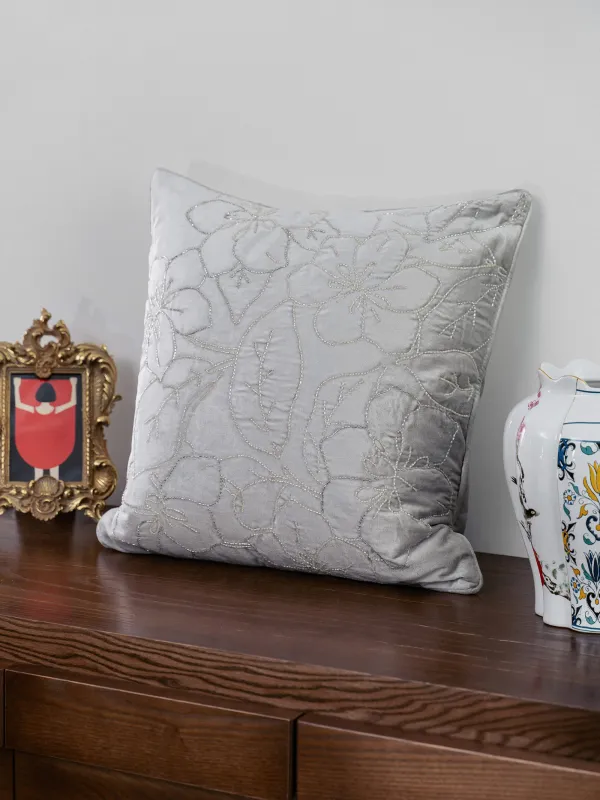 Подушка декоративная, 50х50 см, вельвет/бисер, серая, Цветы, Print, image-3