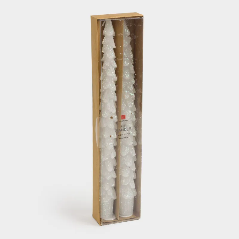 Свеча, 25 см, 2 шт, тонкая, с блестками, бело-серебристая, Елка, Fir candle, image-3