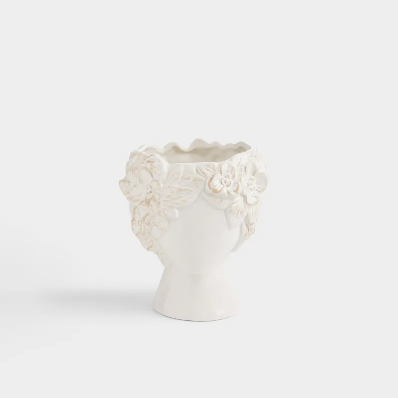 Ваза для цветов, 16 см, декоративная, керамика D, молочно-бежевая, Силуэт лица в цветах, Bloomer