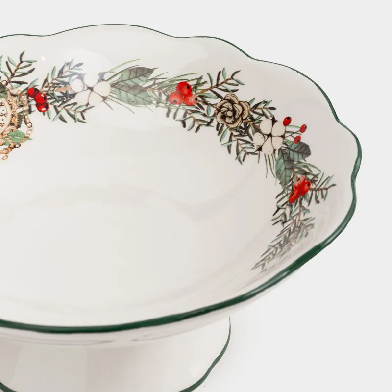 Блюдо на ножке, 26x12 см, керамика D, Венок и часы, Christmas green, image-2