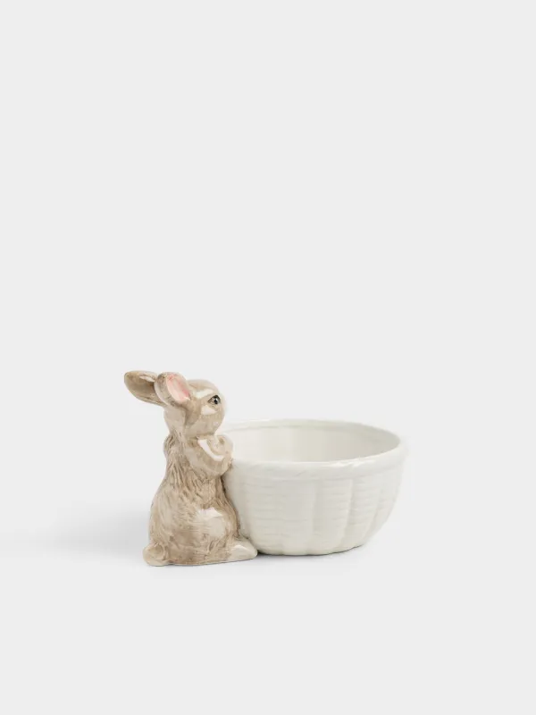 Кәмпит ыдысы, 22х13 см, керамика, сүт түстес және сарғылт-қоңыр, Себет пен гүлдері бар қоян, Rabbit in narcis, image-4