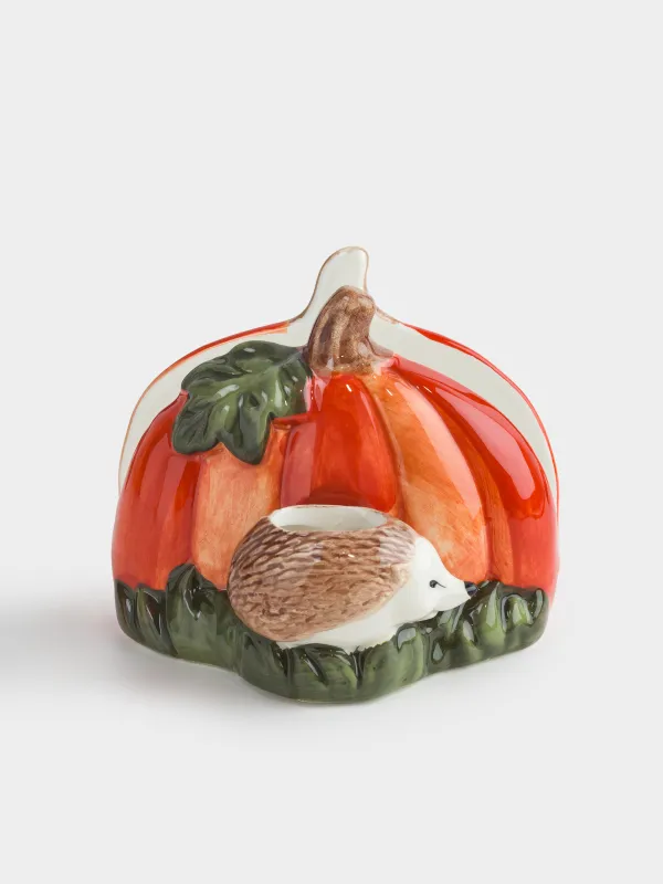 Салфетница, 12 см, с отделением для зубочисток, керамика D, Еж с тыквой, Forest symphony, image-0