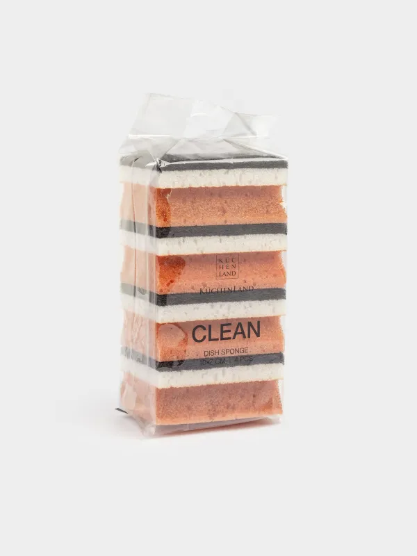 Ыдыс жууға арналған Губка, 10x7 см, 4 дана, көбік/абразивті, тікбұрышты, қоңыр-сұр, Clean, image-5