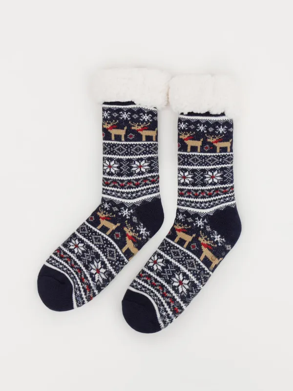 Ерлер шұлықтары, үйге арналған, өлшемі 39-42, акрил/полиэстер/шерпа, көк, Қысқы өрнек, Hot winter, image-0