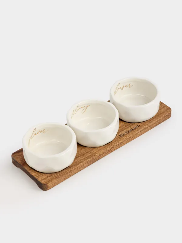 Набор для закусок, 3 пр, на подставке, керамика/дерево, молочный, Мятый эффект, Crumple kitchen, image-0