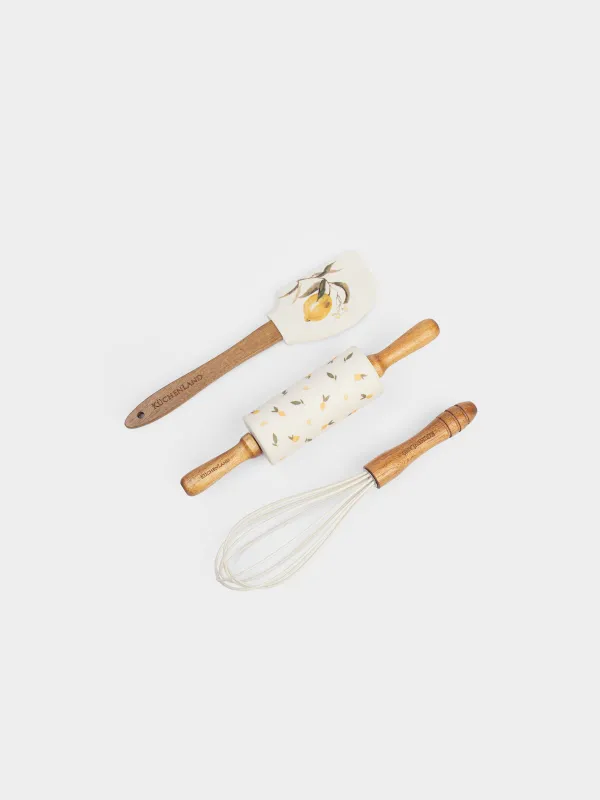 Пісіруге арналған жиынтық, 3 зат, қалақша/бұлғауыш/оқтау, силикон/ағаш, ашық көгілдір/сары, Лимондар, Sicily, image-1