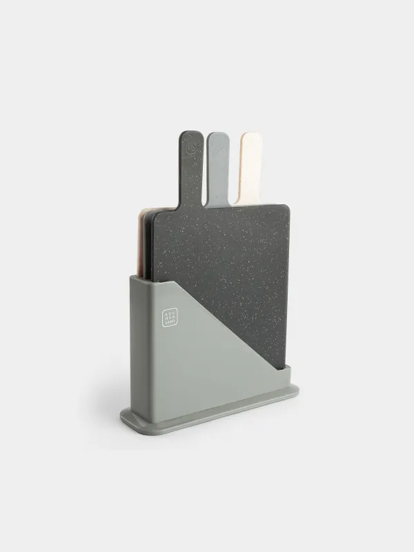 Доска разделочная, 32х20 см, 3 шт, в подставке, пластик, серая/бежевая/черная, Speck, image-0