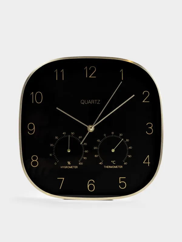 Қабырға сағаты, 30 см, термометрі мен гигрометрі бар, металл/шыны, қара, Dial, image-0