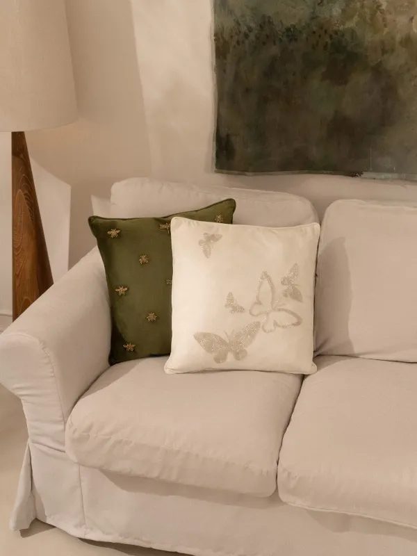 Подушка декоративная, 45х45 см, вельвет/бисер, молочная, Бабочки, Bugs, image-2