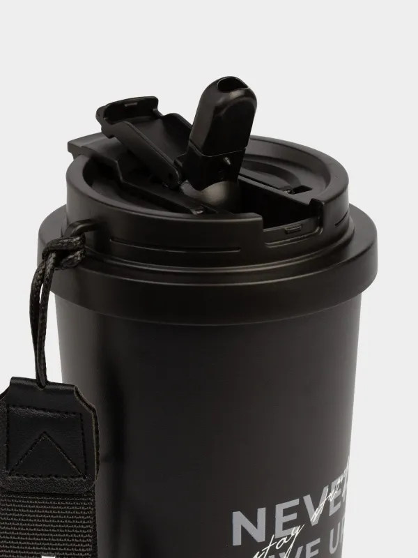 Термо саптыаяқ, 500 мл, клапан/түтік, бауы бар, болат/пластик, қара және алтын, Ballad, image-3