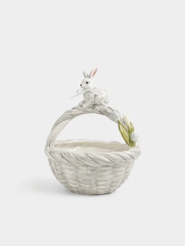 Кәмпит ыдысы, 21х28 см, тұтқасы бар, керамика, сұр, Гүл себетіндегі қоян, Easter, image-0