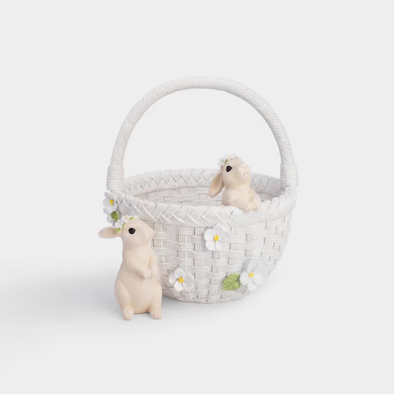 Кәмпит ыдысы, 21х24 см, тұтқасы бар, полирезин, ақ, Гүлдері бар себеттегі қояндар, Easter