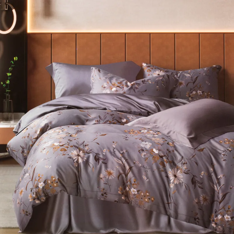 КПБ евро, тенсель 300 ТС, серый, Цветы и листья, Tencel