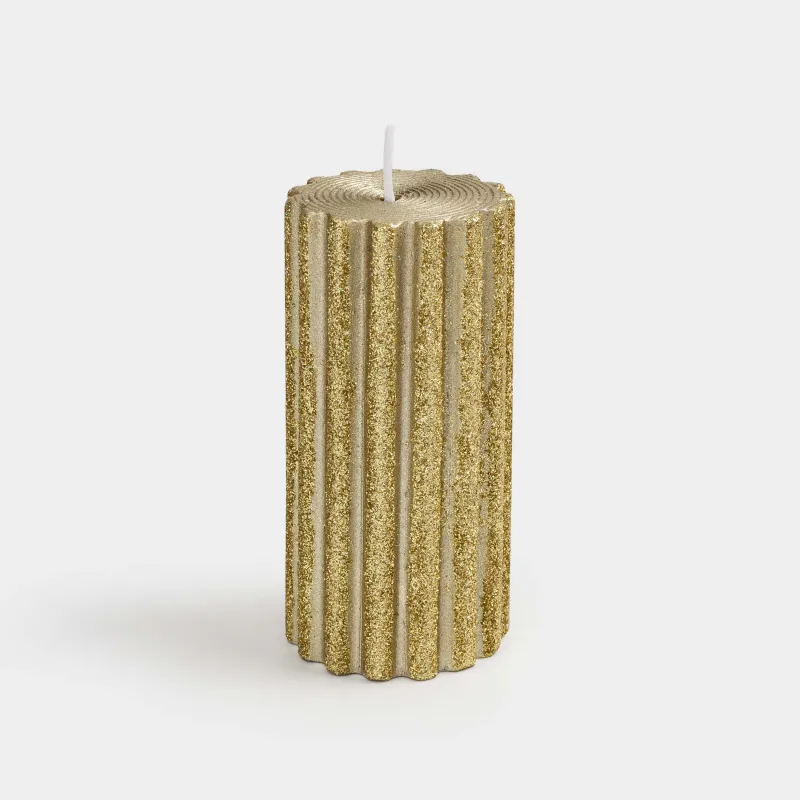 Свеча, 10 см, цилиндрическая, с блестками, золотистая, Ribbed candle, image-0