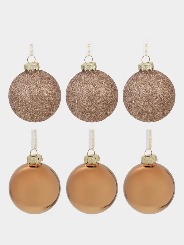 Набор елочных игрушек, 6 см, 6 шт, стекло, с блестками, золотистый, Шар, Ball sparkle, image-0