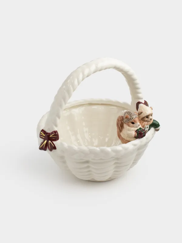 Кәмпит ыдысы, 20х20 см, 1,2 л, тұтқасы бар, керамика, сүт түстес, Себеттегі тиін және аю, Christmas animals, image-2