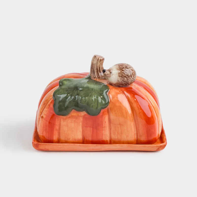 Сары май ыдысы, 15 см, керамика, тікбұрышты, қызғылт сары, Асқабақтағы кірпі, Forest symphony