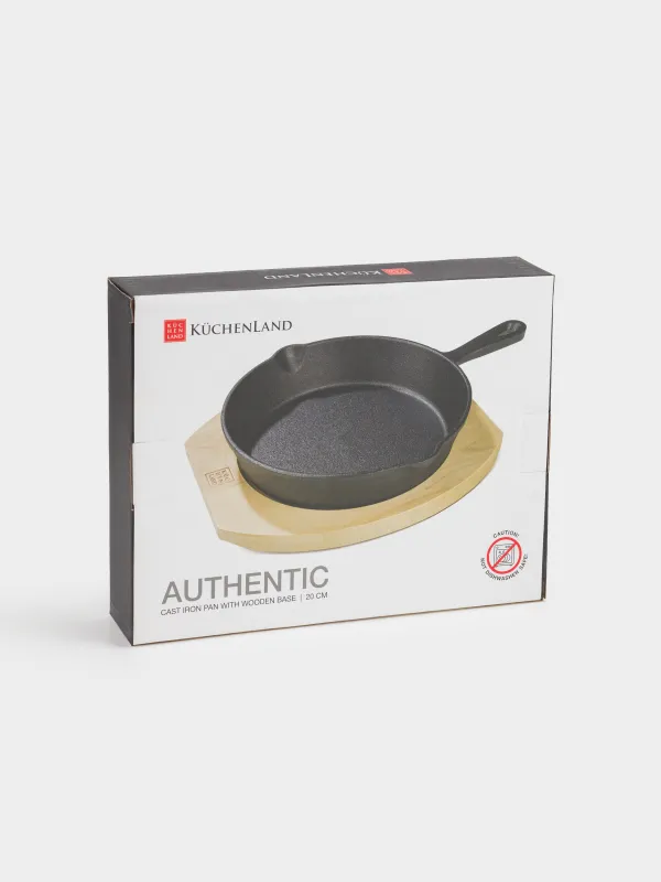 Сковорода, 20 см, на подставке, чугун/дерево, круглая, черная, Authentic, image-10
