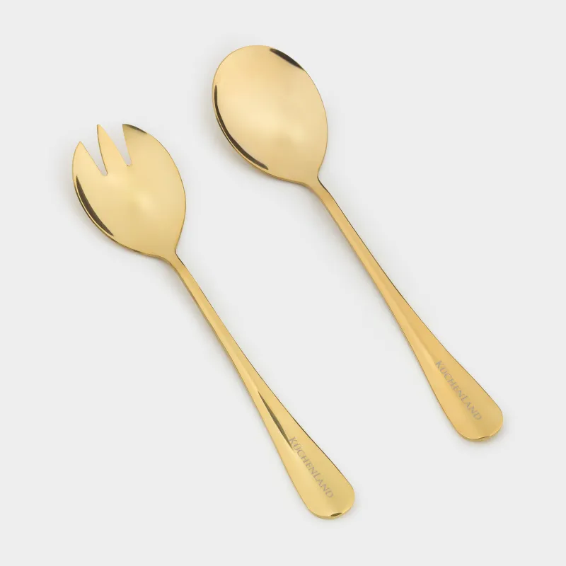 Салат ұсынуға арналған құрылғылар, 20 см, 2 зат, қасық/шанышқы, болат, алтын, Classic gold, image-0