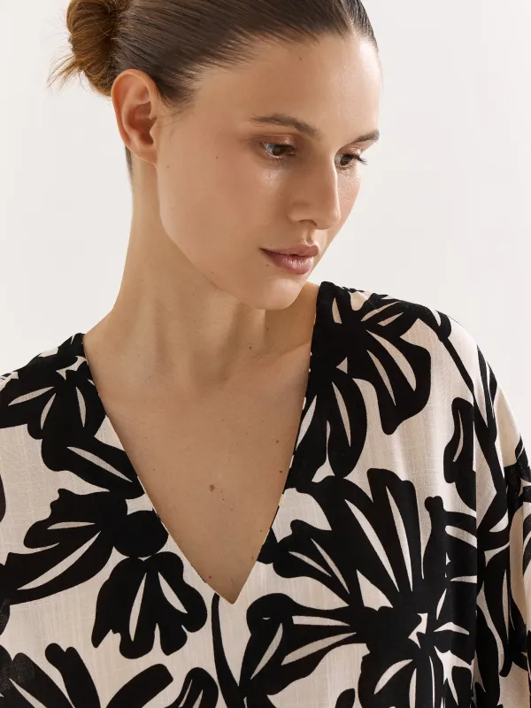 Әйелдер көйлегі, макси, өлшемі S, қысқа жеңді, вискоза, сарғылт-қоңыр және қара, Гүлдер, Almi, image-2