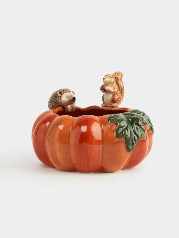 Конфетница, 19х14 см, керамика D, оранжевая, Еж и белка на тыкве, Forest symphony, image-0